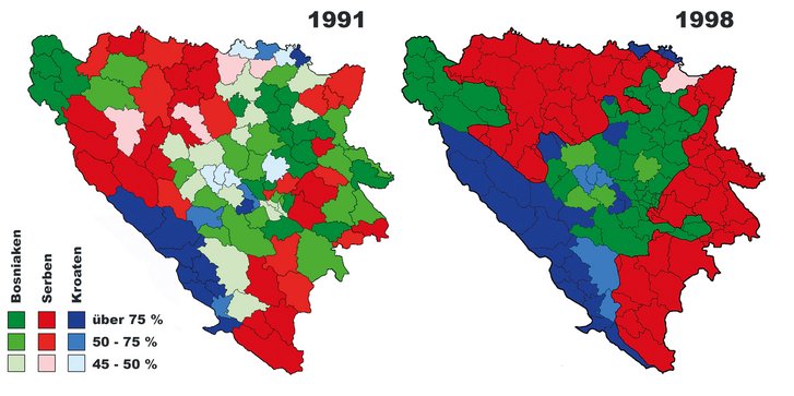 Die Verteilung der drei Hauptvolksgruppen Bosnien und Herzegowinas vor und nach dem Krieg. Etwa die Hälfte der ca. vier Millionen Einwohner des Staates wurden zu Flüchtlingen im eigenen Land. (Grafik: unbekannt; gemeinfrei)