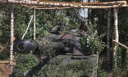 Bau eines behelfsmäßigen Schutzes für eine Panzerhaubitze gegen die Bedrohung durch Drohnen. (Foto: Bundesheer/Wasiltschenko)