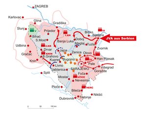 Operationen der bosnisch-serbischen Armee während des Bosnienkrieges. (Grafik: RedTD/Aschenbrenner)